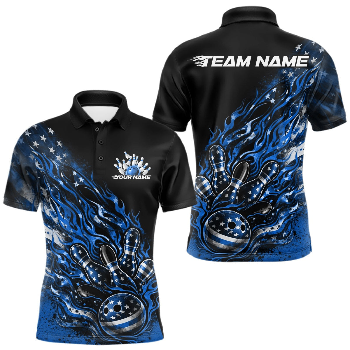 Blisscorners Custom Patriotic Blue Flame Bowling Shirts, US Flag Bowling Team Jerseys Freedom 4Th Of July Bowling Shirt LM1501