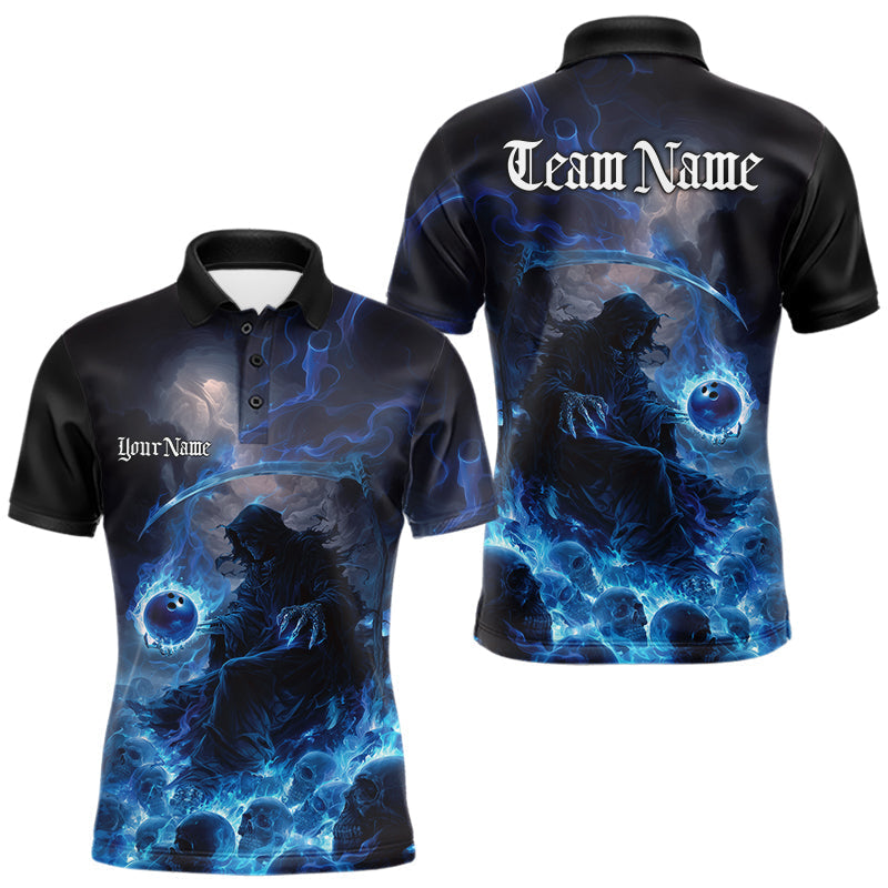 Blisscorners Custom Electric Blue Fire Grim Reaper Bowling Polo Shirts For Men, Halloween Bowling Shirt MT1007