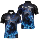 Blisscorners Custom Electric Blue Fire Grim Reaper Bowling Polo Shirts For Men, Halloween Bowling Shirt MT1007