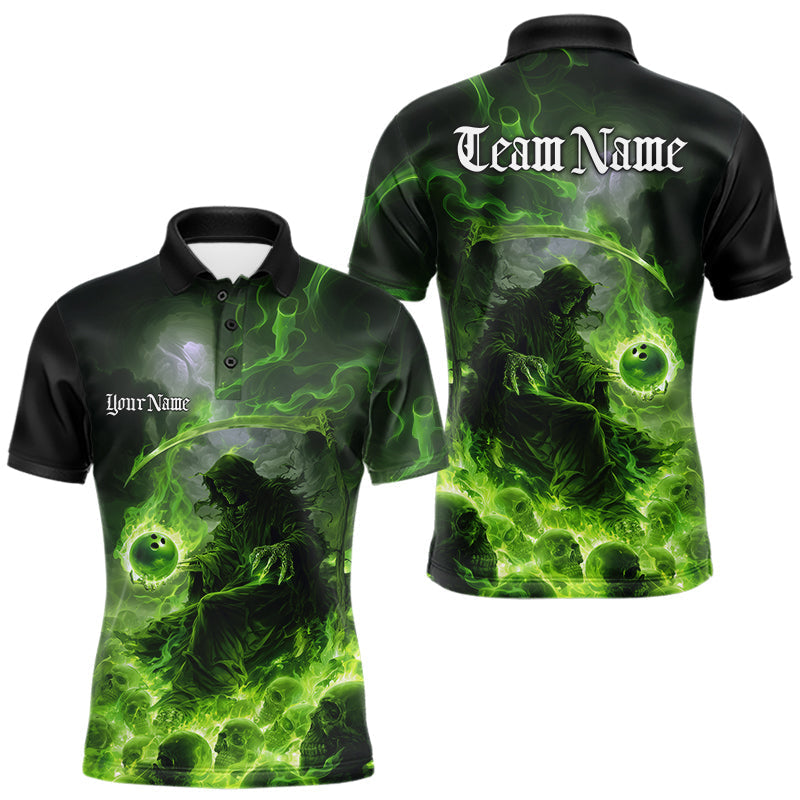 Blisscorners Custom Electric Green Fire Grim Reaper Bowling Polo Shirts For Men, Halloween Bowling Shirt MT1007