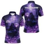 Blisscorners Custom Blue And Purple Flame Bowling Skull Polo Shirts For Men, Halloween Bowling Outfits MT1007