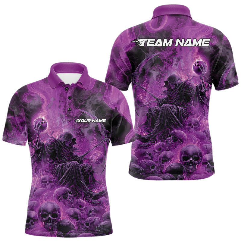 Blisscorners Custom Purple Flame Skull Bowling Polo Shirts, Purple Smoke Bowling Hallween Outfit MT1007