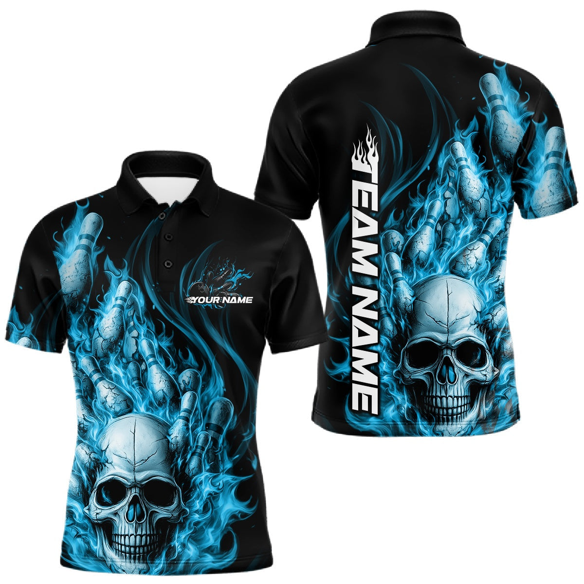 Blisscorners Custom Multi Styles Blue Flame Skull Halloween Bowling Team Shirts, Bowling Tournament Shirt Bowling Jersey LM1501