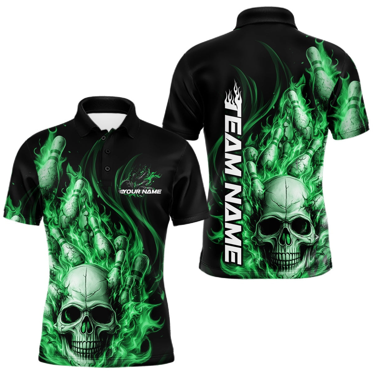 Blisscorners Custom Multi Styles Green Flame Skull Halloween Bowling Team Shirts, Bowling Tournament Shirt Bowling Jersey LM1501