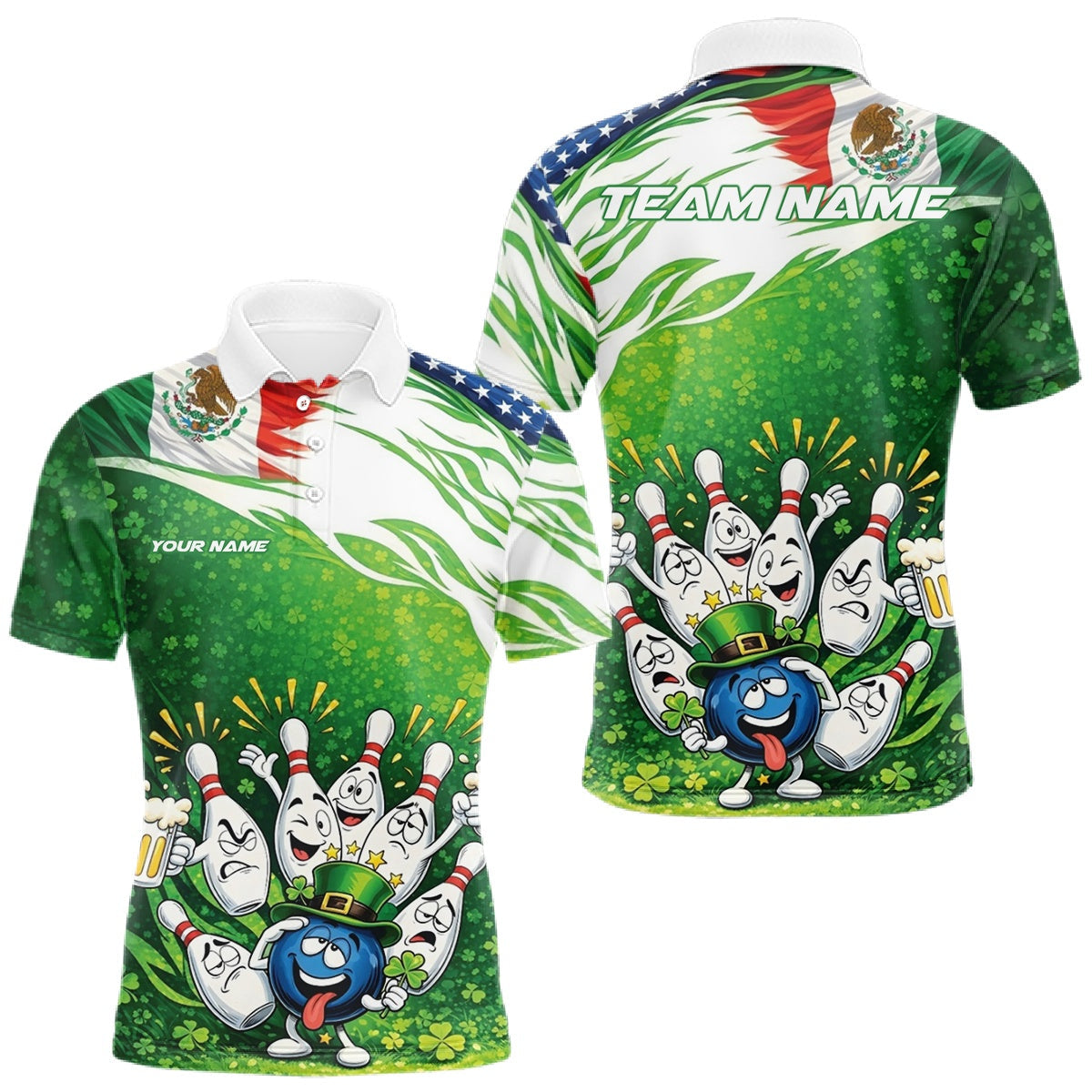 Blisscorners Custom Funny St Patricks Day Bowling Team Shirt, Mexican American Flag Shamrock Theme Bowling Jerseys LM1501
