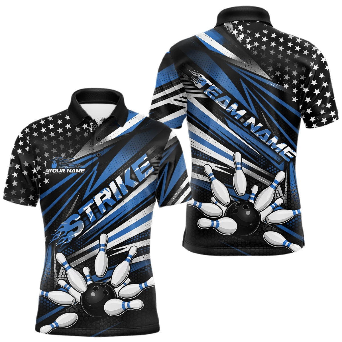 Blisscorners Custom Black And Blue US Flag Patriotic Strike Bowling Team Shirt, Freedom Bowling League Shirt Bowler Jerseys LM1501