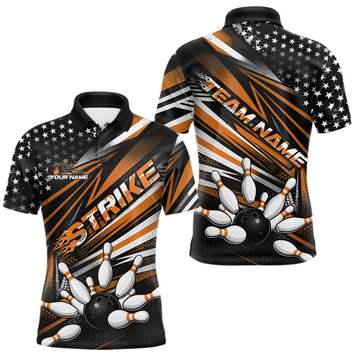 Blisscorners Custom Black And Orange US Flag Patriotic Strike Bowling Team Shirt, Freedom Bowling League Shirt Bowler Jersey LM1501