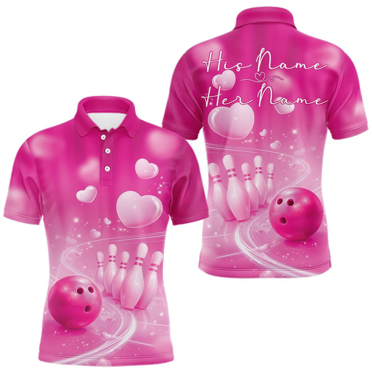 Blisscorners Custom Pink Valentine Bowling Couple Shirts, Pink Heart Theme Bowling Jerseys With His Name And Her Name LM1501