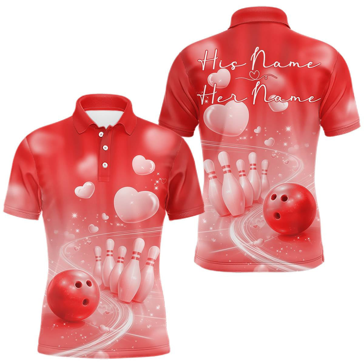 Blisscorners Custom Red Valentine Bowling Couple Shirts, Red Heart Theme Bowling Jerseys With His Name And Her Name LM1501