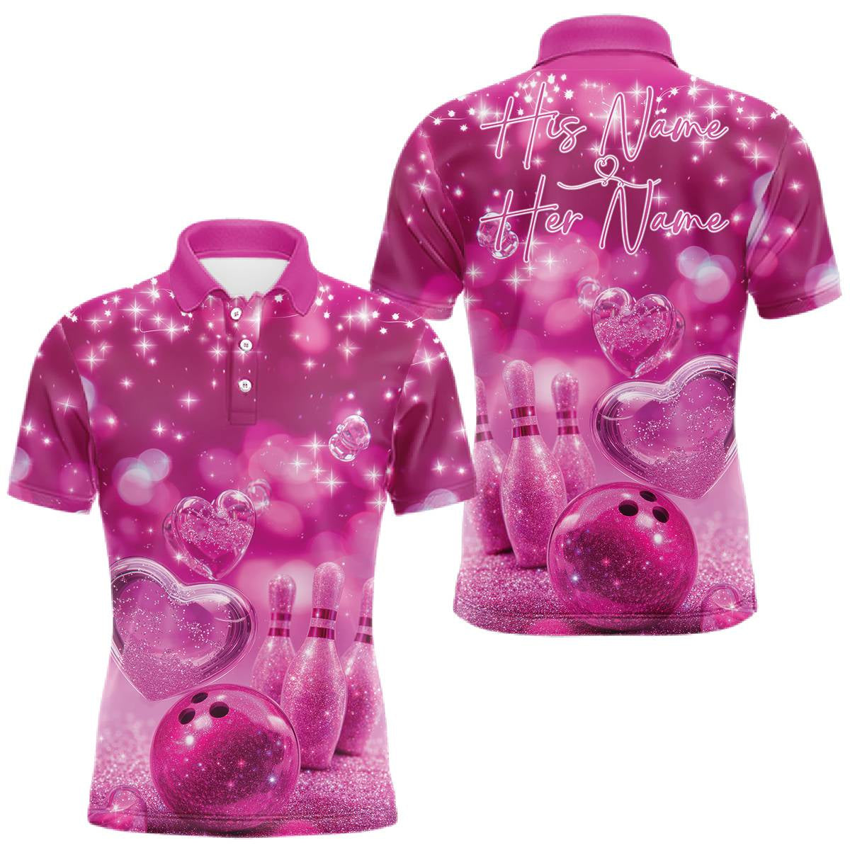 Blisscorners Custom Pink Valentine Bowling Couple Shirts, Pink Heart Theme Bowling Jerseys With His Name And Her Name LM1501