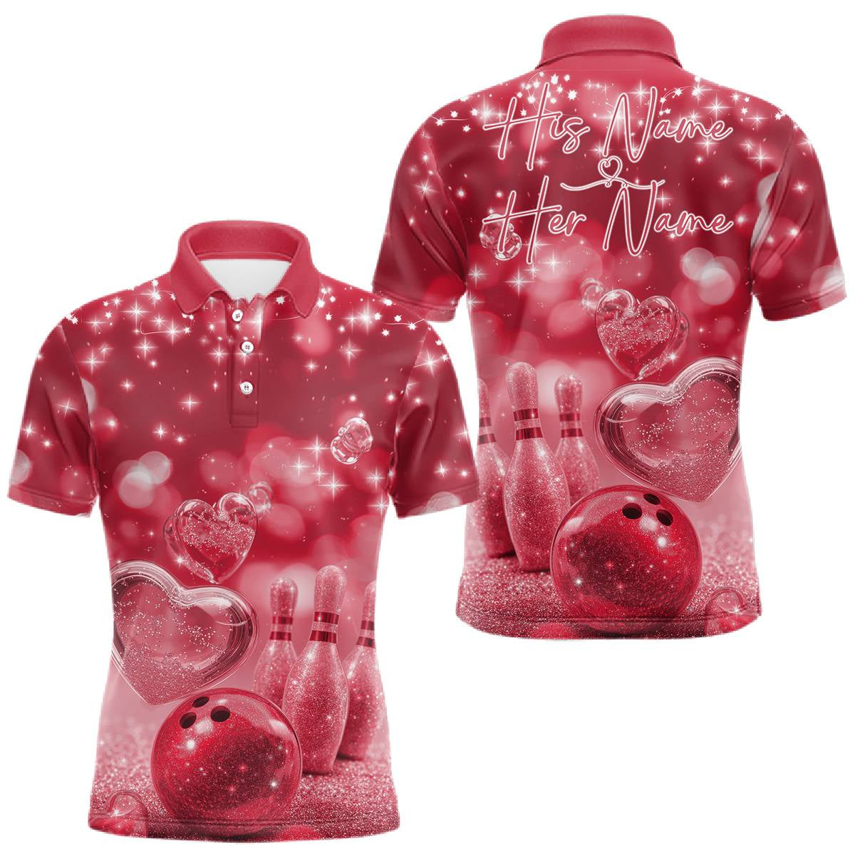 Blisscorners Custom Red Valentine Bowling Couple Shirts, Red Heart Theme Bowling Jerseys With His Name And Her Name LM1501