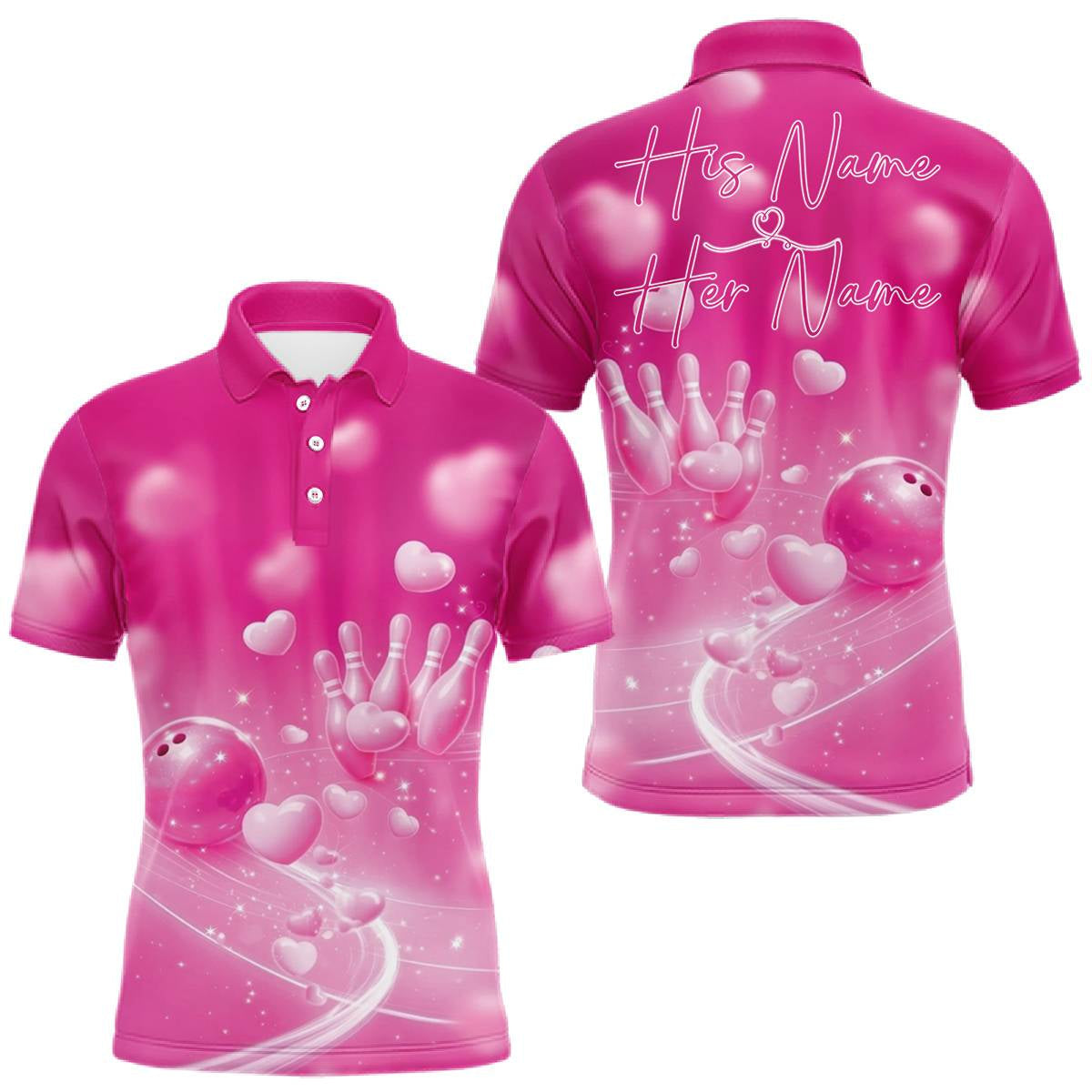 Blisscorners Custom Pink Valentine Bowling Couple Shirts, Pink Heart Theme Bowling Jerseys With His Name And Her Name  LM1501