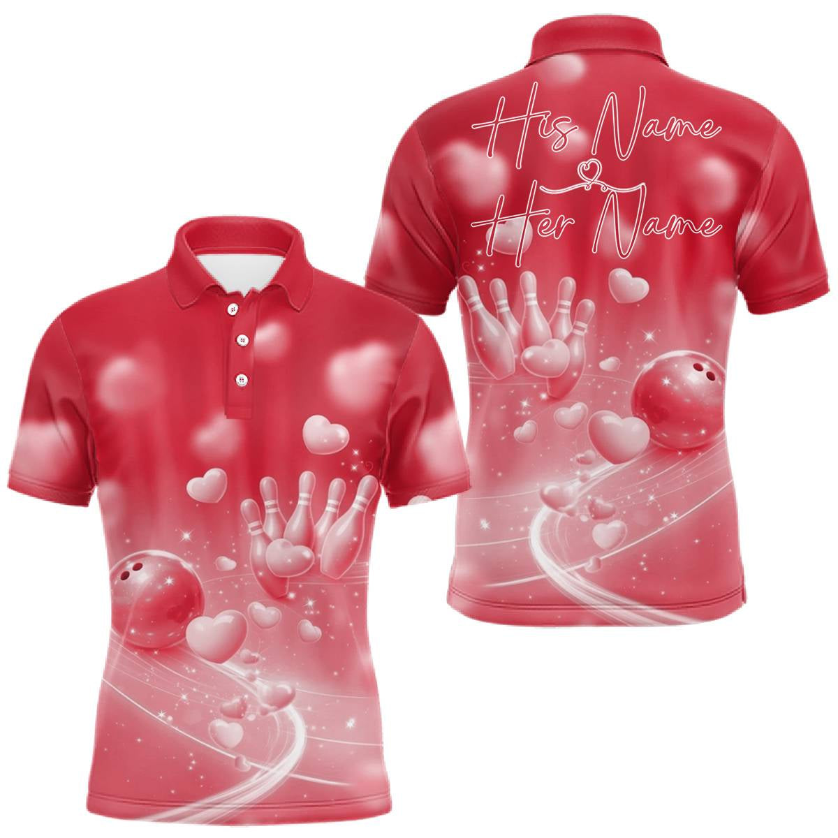 Blisscorners Custom Red Valentine Bowling Couple Shirts, Red Heart Theme Bowling Jerseys With His Name And Her Name LM1501