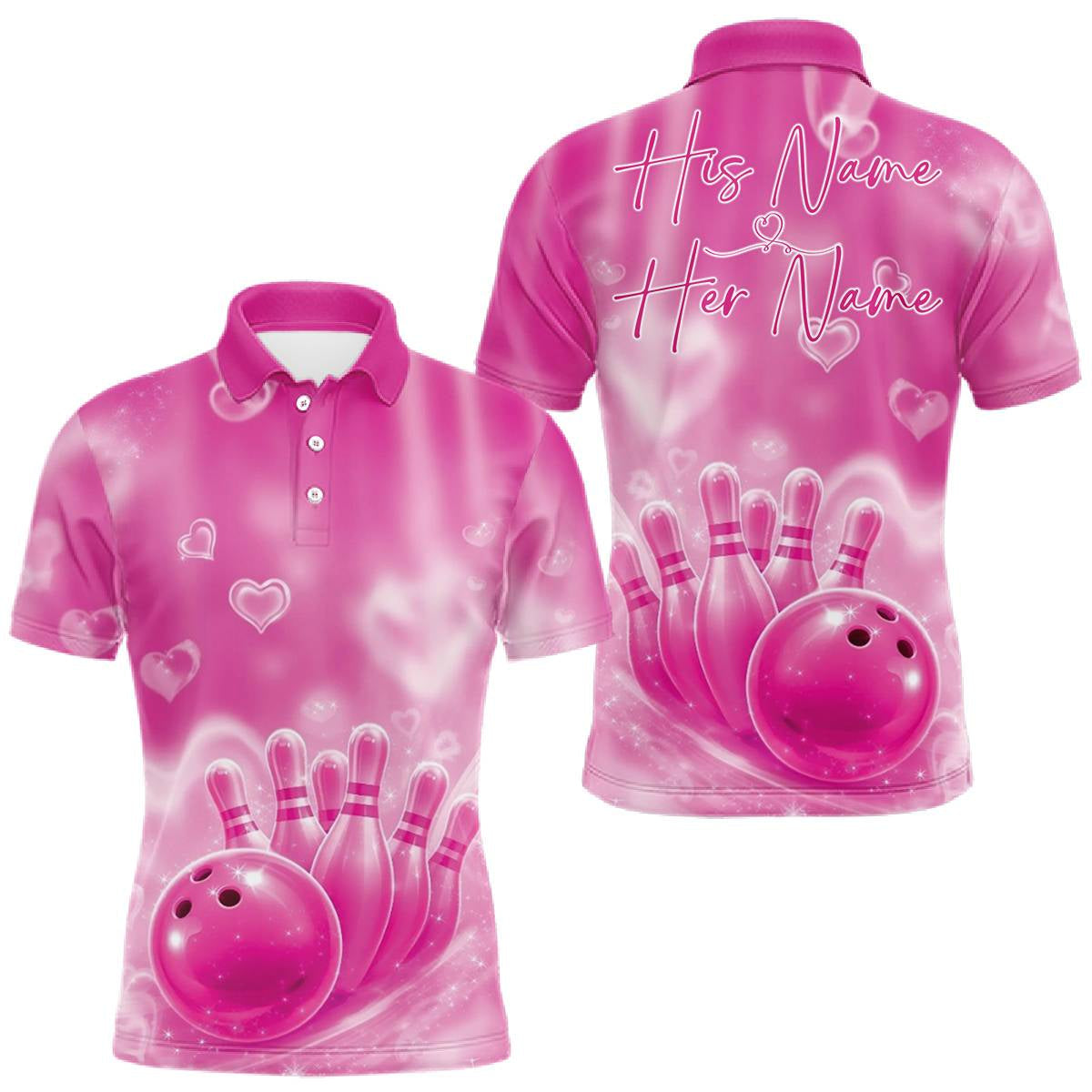 Blisscorners Custom Pink Valentine Bowling Couple Shirts, Pink Heart Theme Bowling Jerseys With His Name And Her Name LM1501