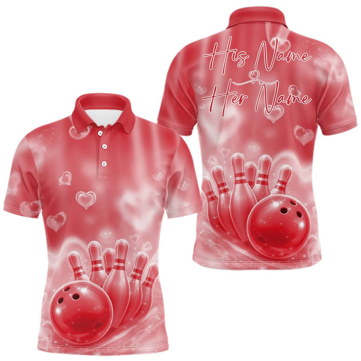 Blisscorners Custom Red Valentine Bowling Couple Shirts, Red Heart Theme Bowling Jerseys With His Name And Her Name LM1501