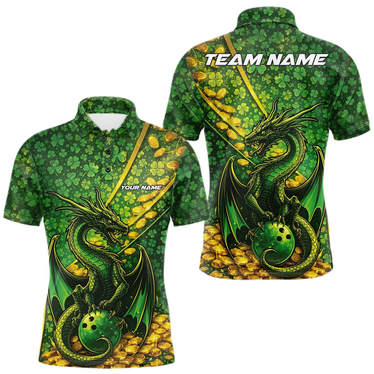 Blisscorners Custom St Patricks Day Dragon Bowling Shirt, Golden Coins And Shamrock Saint Paddy Bowling League Shirt  LM1501