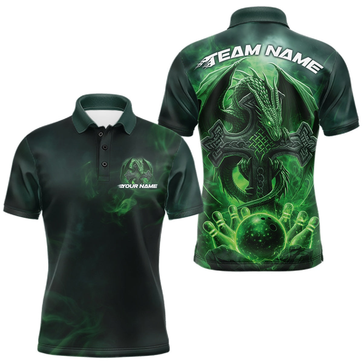 Blisscorners Custom Green Flame Celtic Cross Dragon Bowling Team Shirts, St Patricks Day Faith Bowling Tournament Shirts LM1501