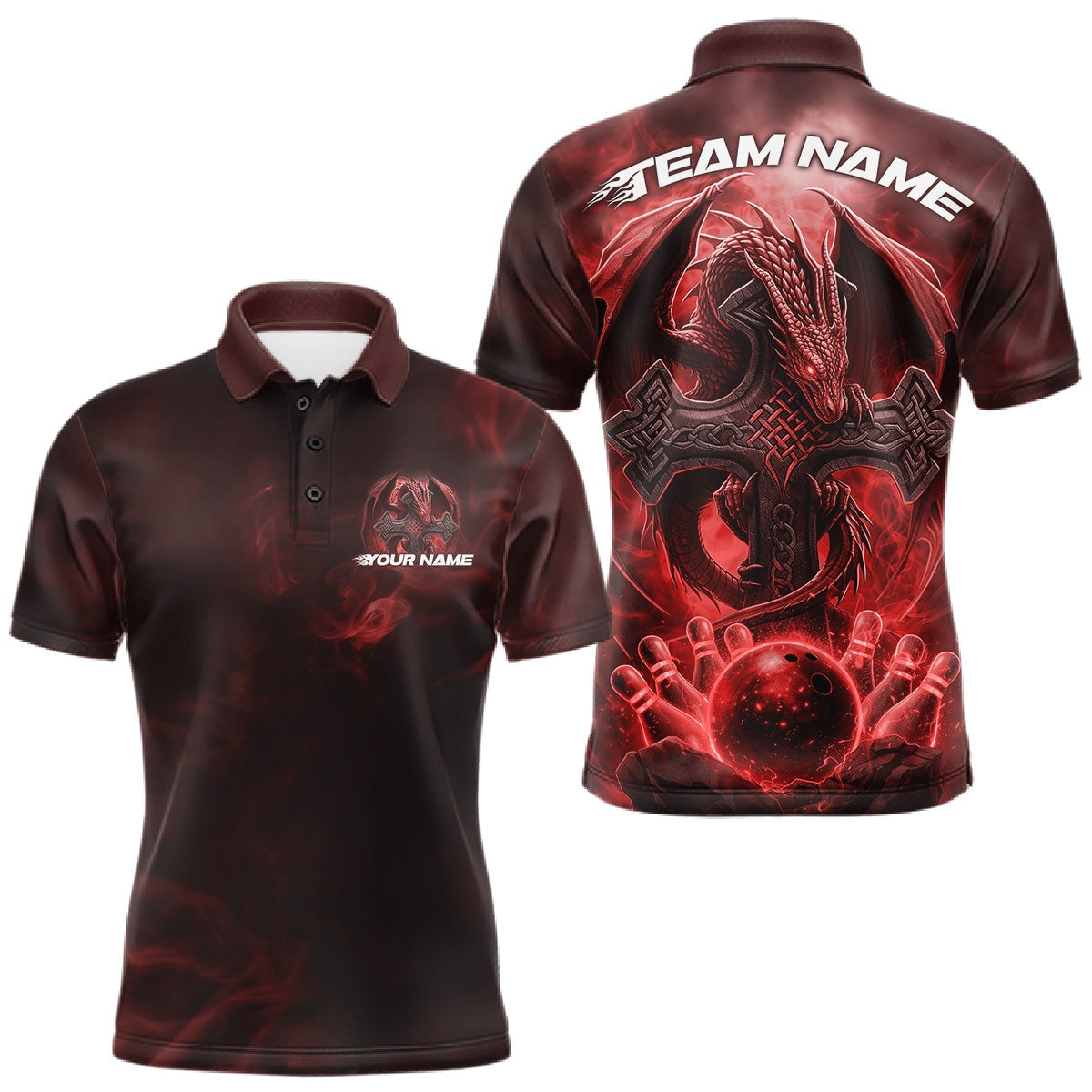 Blisscorners Custom Red Flame Celtic Cross Dragon Bowling Team Shirts, Faith Bowling Tournament Shirts LM1501