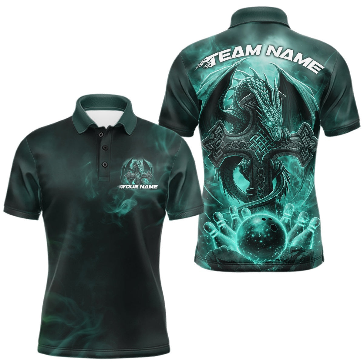 Blisscorners Custom Turquoise Blue Flame Celtic Cross Dragon Bowling Team Shirts, Faith Bowling Tournament Shirts LM1501