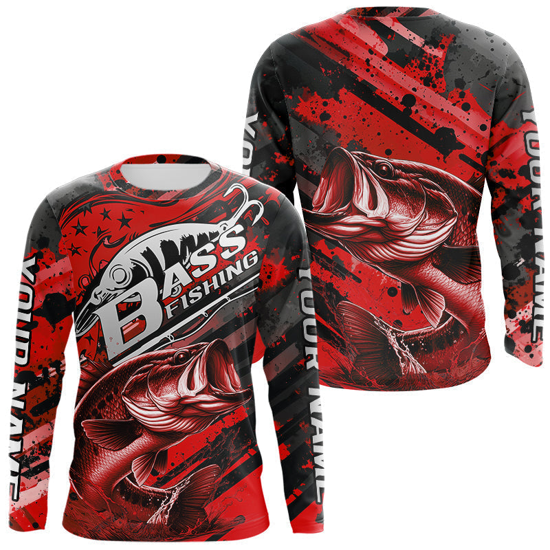 Blisscorners Custom Name Red Camo Bass Fishing Jerseys, Largemouth Bass Long Sleeve Fishing Shirt LM0607