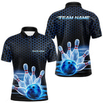 Blisscorners Custom Black And Blue Hexagon Flame Bowling Polo Shirts For Men, Bowling Team Shirt LM3006