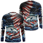 Blisscorners Custom Patriotic Striped Bass Long Sleeve Fishing Shirts, US Flag Fish Hook Striper Jerseys LM0607