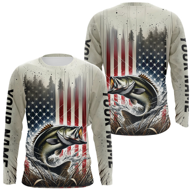 Blisscorners Custom Patriotic US Flag Largemouth Bass Long Sleeve Fishing Shirts, Bass Fishing Jerseys LM0607