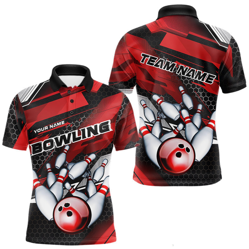 Maxxcorners Custom Black And Red Hexagon Pattern Bowling Polo Shirts For Men, Bowling Team Uniform MT0307