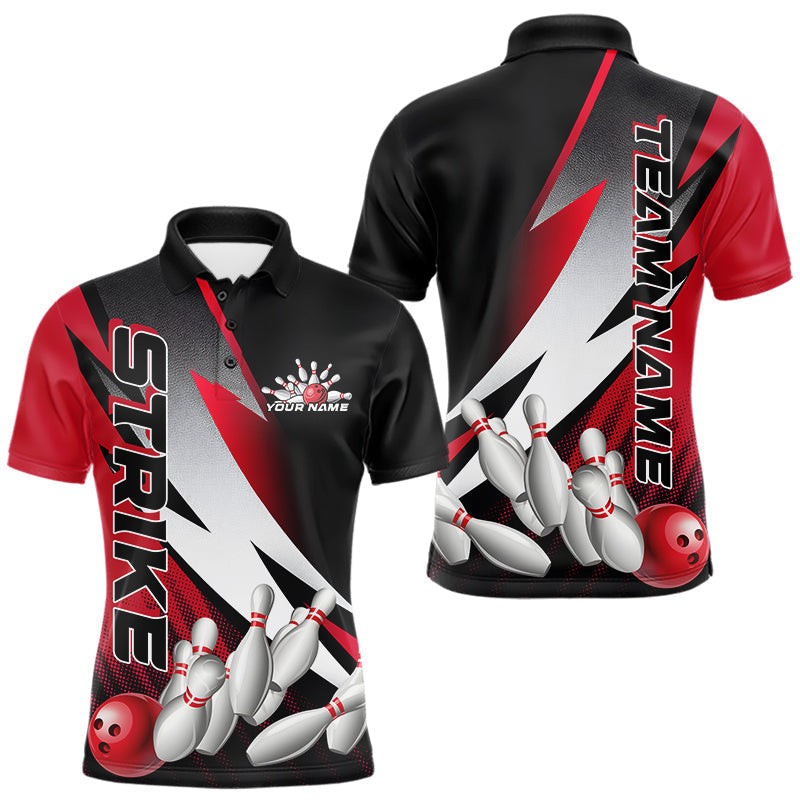 Maxxcorners Custom Black And Red Strike Bowling Polo Shirts For Men, Bowling Team Uniform MT0307