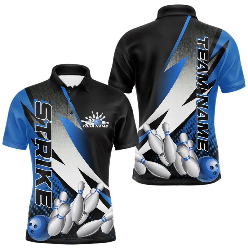 Maxxcorners Custom Black And Blue Strike Bowling Polo Shirts For Men, Bowling Team Uniform MT0307