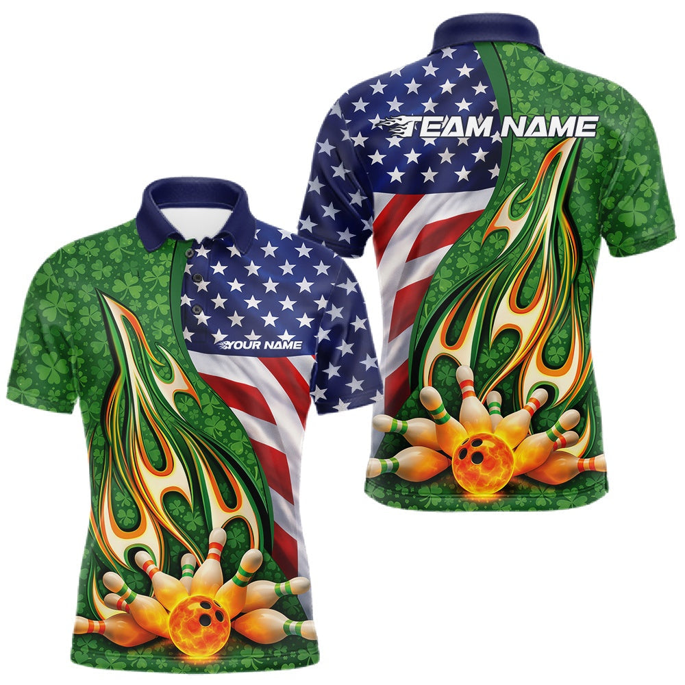 Blisscorners Custom Patriotic St Patricks Day Flame Bowling Team Shirts, Green Shamrock Mexican Bowling League Shirt LM1501