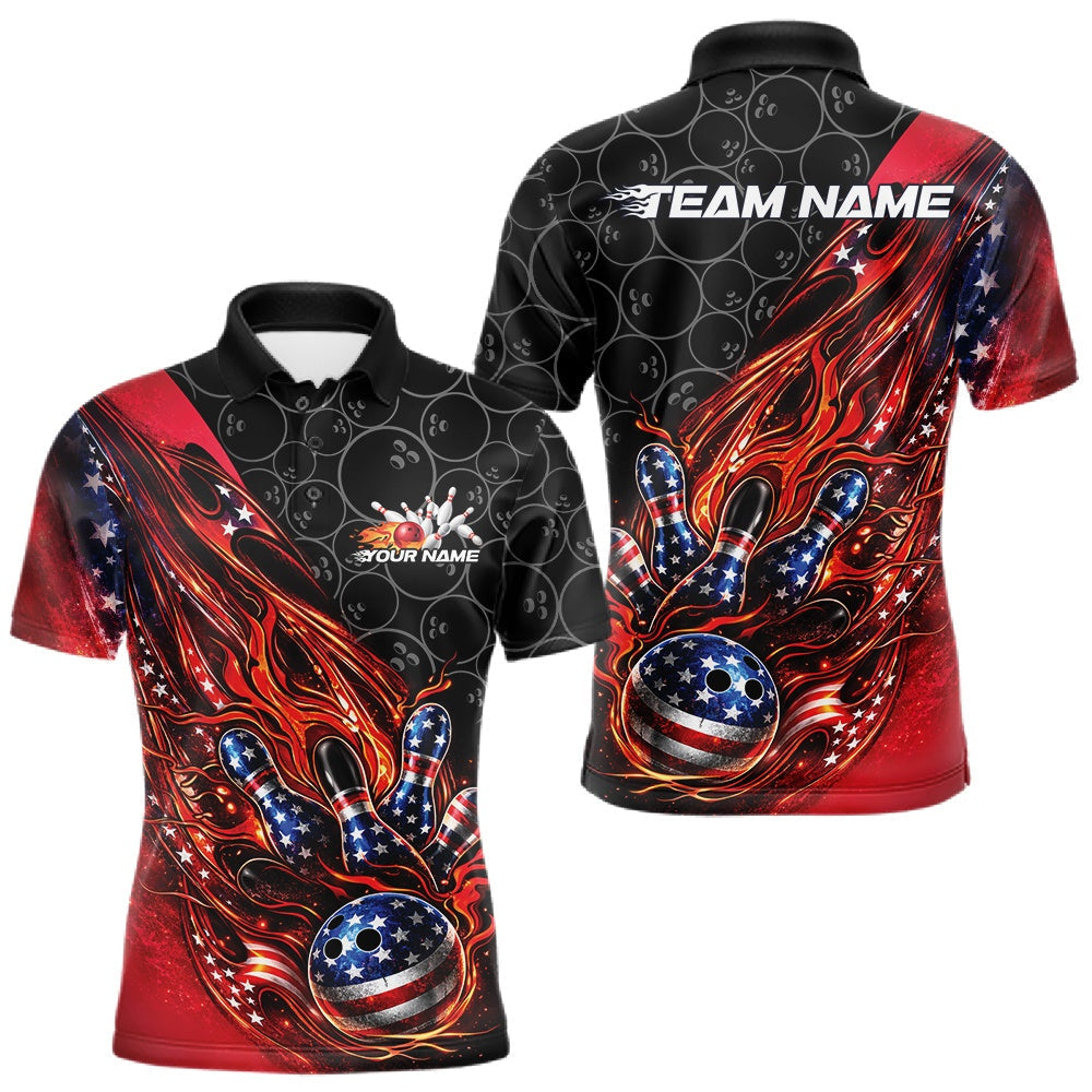 Blisscorners Custom Patriotic Flame Bowling Shirts, American US Flag Bowling Team Jerseys Freedom 4Th Of July Bowling Shirt LM1501