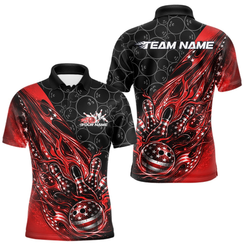 Blisscorners Custom Patriotic Red Flame Bowling Shirts, US Flag Bowling Team Jerseys Freedom 4Th Of July Bowling Shirt LM1501