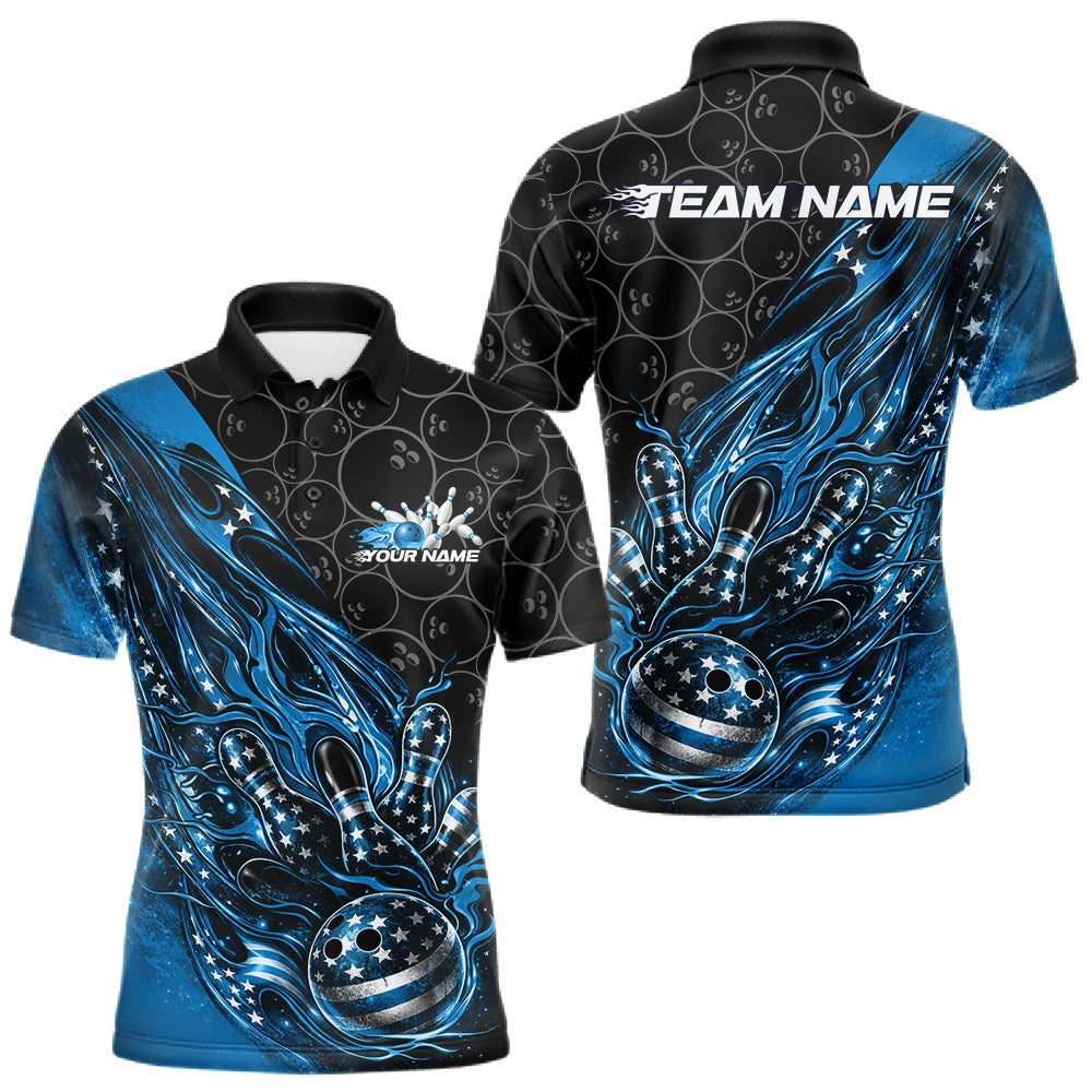 Blisscorners Custom Patriotic Blue Flame Bowling Shirts, US Flag Bowling Team Jerseys Freedom 4Th Of July Bowling Shirt 5 LM1501