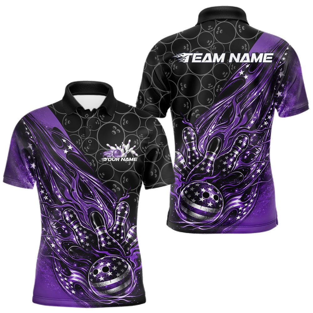 Blisscorners Custom Patriotic Purple Flame Bowling Shirts, US Flag Bowling Team Jerseys Freedom 4Th Of July Bowling Shirt LM1501
