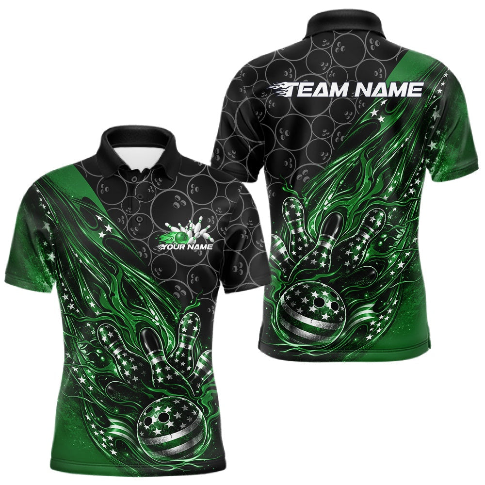 Blisscorners Custom Patriotic Green Flame Bowling Shirts, US Flag Bowling Team Jerseys Freedom 4Th Of July Bowling Shirt 4 LM1501