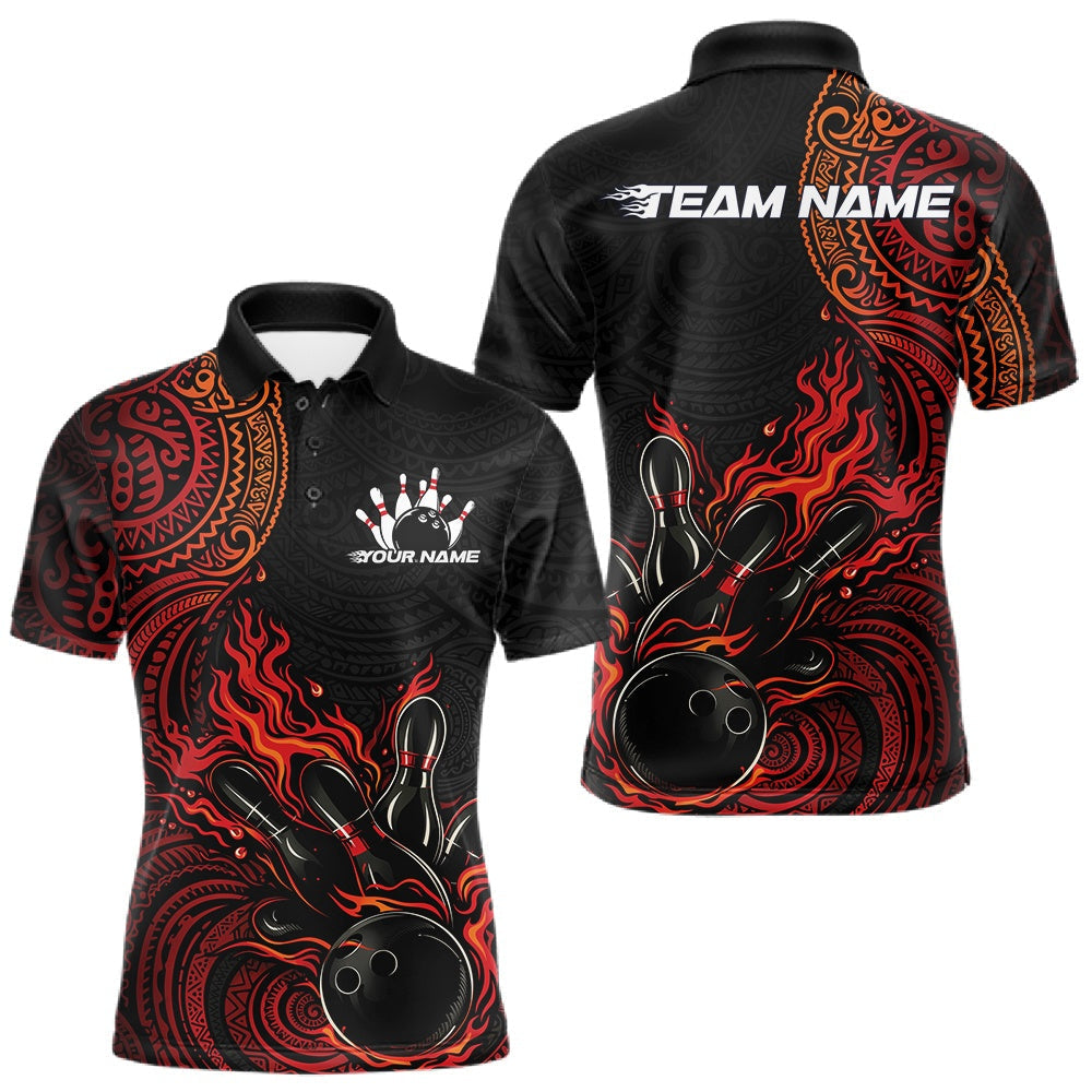 Blisscorners Custom Black And Red Orange Tribal Flame Bowling Ball Bowling Team Shirts, Polynesian Bowling Tournament Shirt LM1501