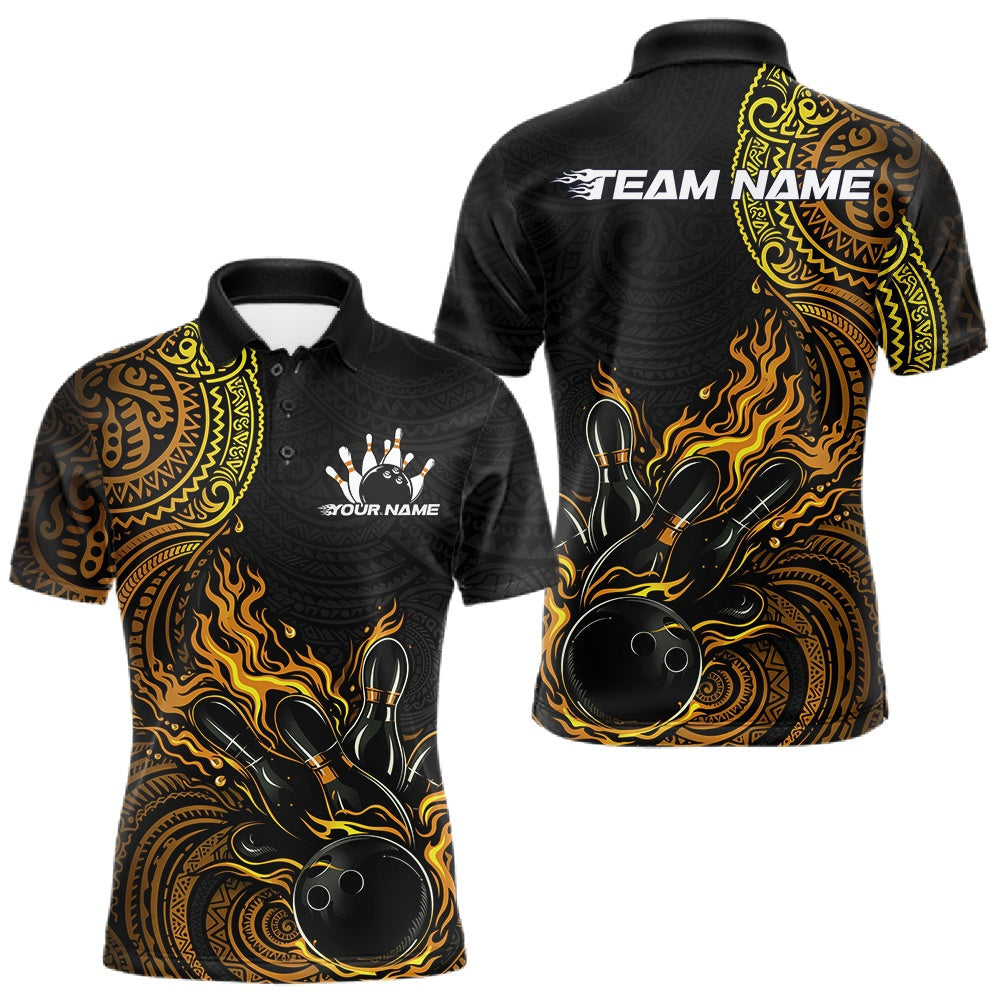 Blisscorners Custom Black And Yellow Tribal Flame Bowling Ball Bowling Team Shirts, Polynesian Bowling Tournament Shirt 8 LM1501