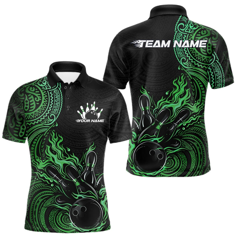 Blisscorners Custom Black And Green Tribal Flame Bowling Ball Bowling Team Shirts, Polynesian Bowling Tournament Shirt 7 LM1501
