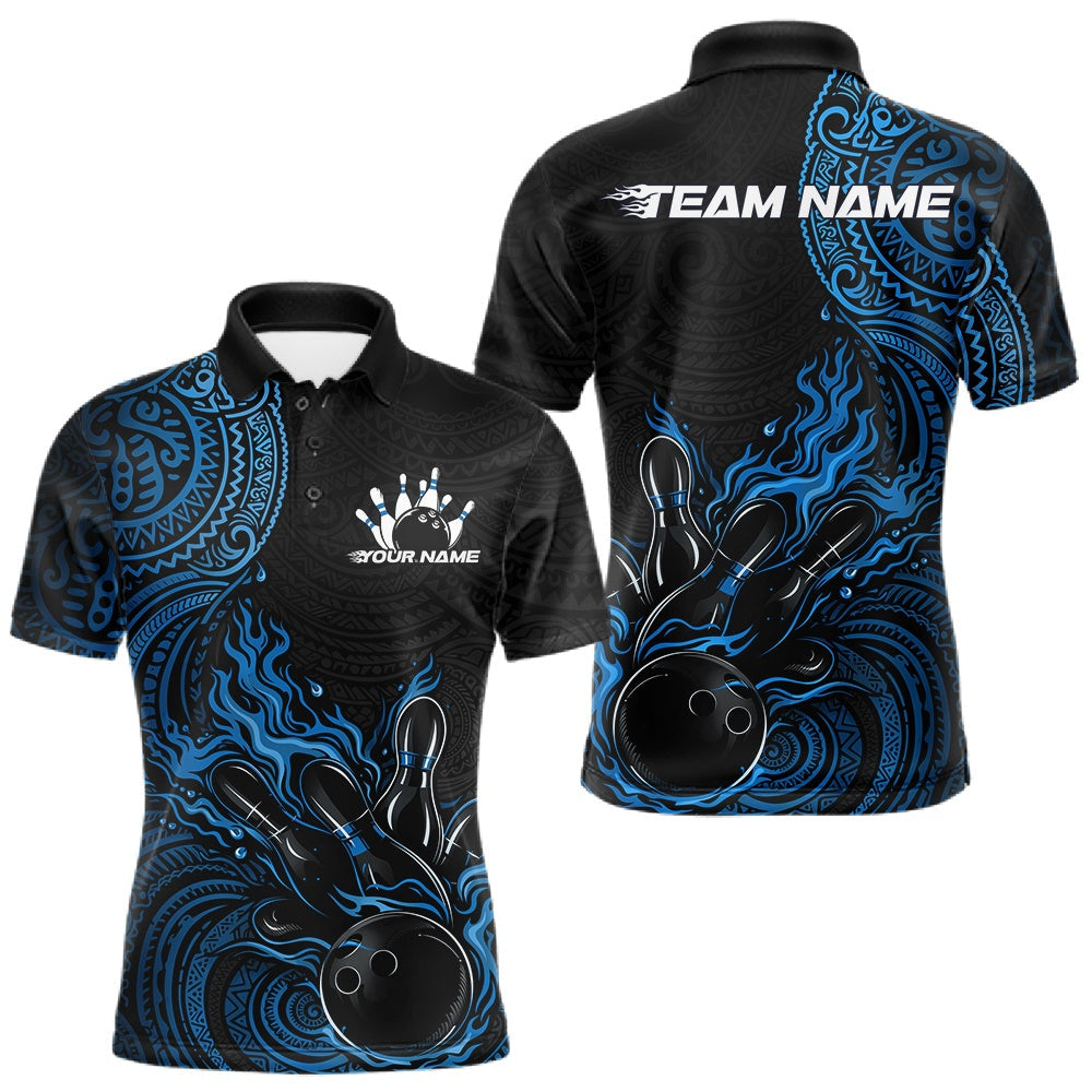 Blisscorners Custom Black And Blue Tribal Flame Bowling Ball Bowling Team Shirts, Polynesian Bowling Tournament Shirt 6 LM1501