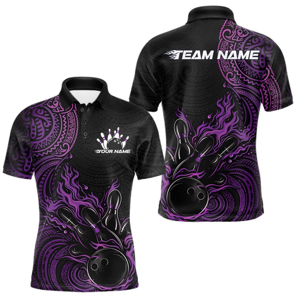 Blisscorners Custom Black And Purple Tribal Flame Bowling Ball Bowling Team Shirts, Polynesian Bowling Tournament Shirt LM1501