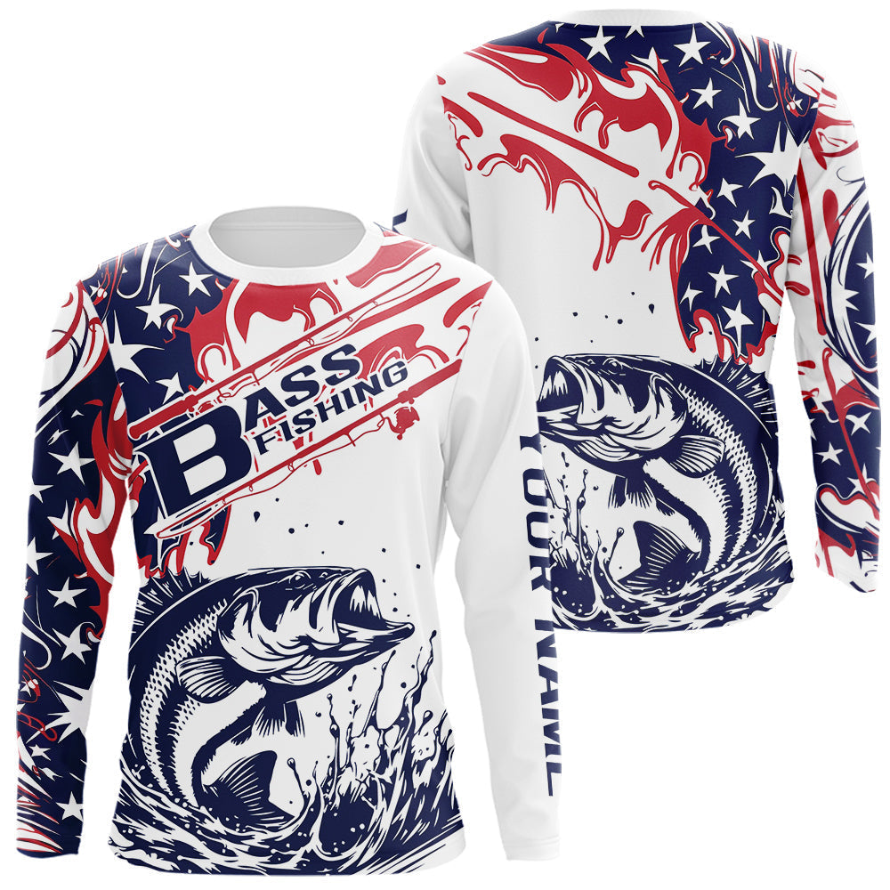 Blisscorners Custom American Flag Largemouth Bass Long Sleeve Fishing Shirts, Patriotic Bass Fishing Jerseys LM0607