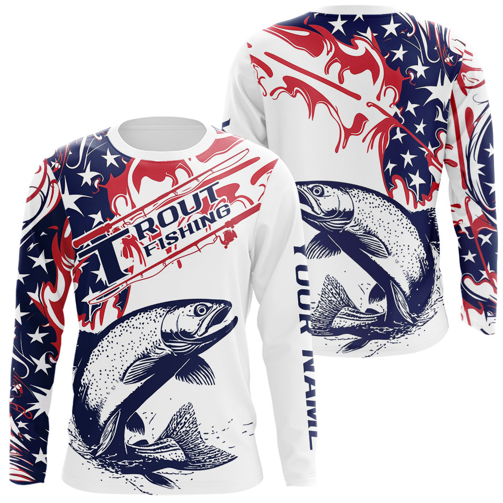 Blisscorners Custom American Flag Trout Long Sleeve Fishing Shirts, Patriotic Trout Fishing Jerseys LM0607