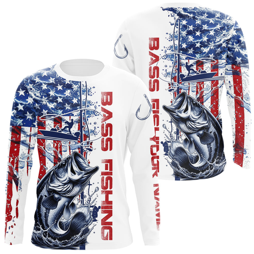 Blisscorners Custom Patriotic Largemouth Bass Long Sleeve Fishing Shirts, Watercolor US Flag Fishing Jersey LM0607