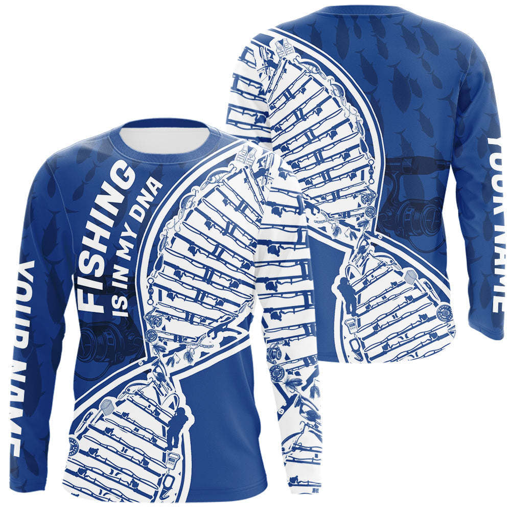 Blisscorners Blue And White Fishing Is In My DNA Custom Long Sleeve Fishing Shirts, Fishing Tools DNA LM0607