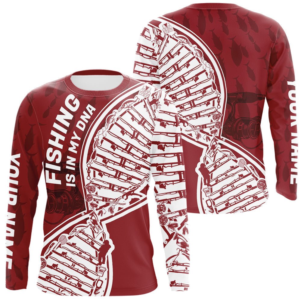 Blisscorners Red And White Fishing Is In My DNA Custom Long Sleeve Fishing Shirts, Fishing Tools DNA LM0607