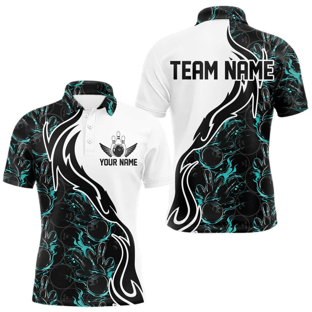 Blisscorners Custom Black And Turquoise Blue Flame Bowling Team Shirts, Men Bowling League Shirt LM2201