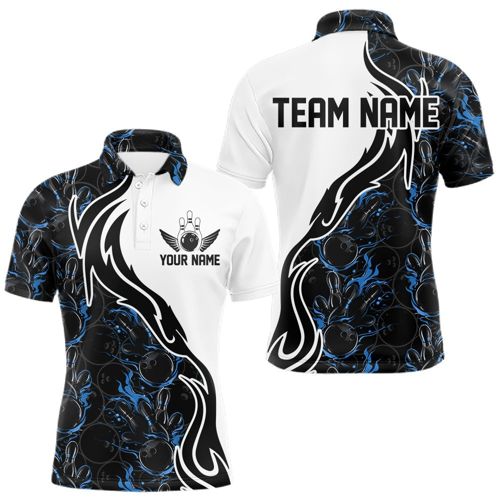 Blisscorners Custom Black And Blue Flame Bowling Team Shirts, Bowling League Shirt Men Bowling Jersey LM2201