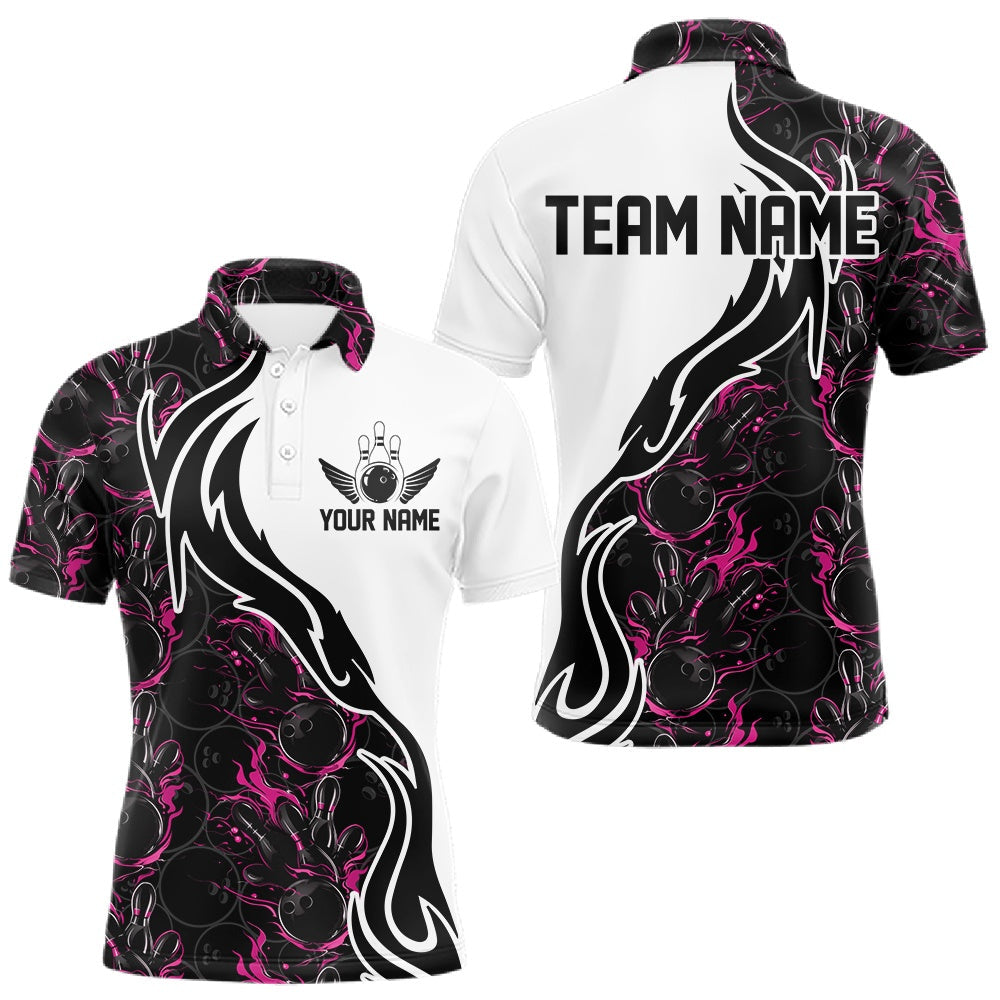 Blisscorners Custom Black And Pink Flame Bowling Team Shirts, Bowling League Shirt Men Bowling Jersey LM2201