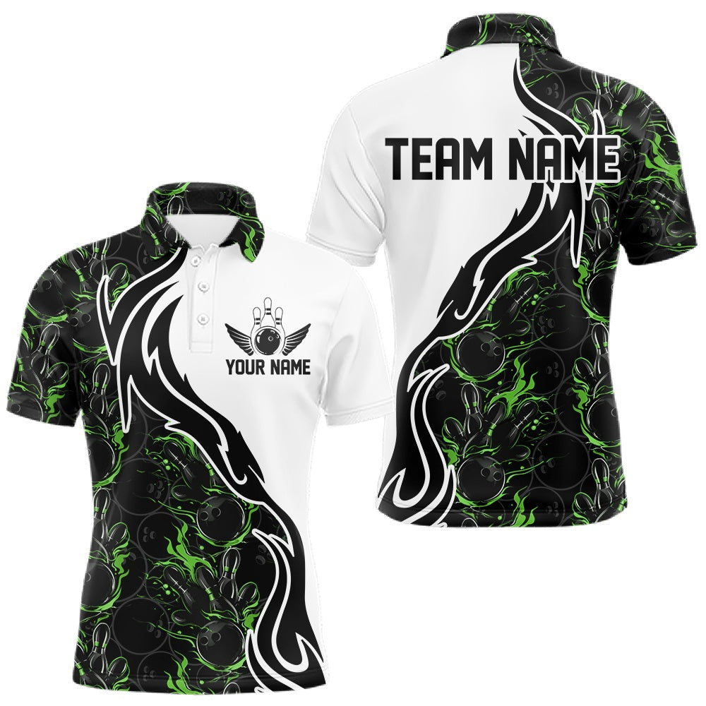 Blisscorners Custom Black And Green Flame Bowling Team Shirts, Bowling League Shirt Men Bowling Jersey LM2201